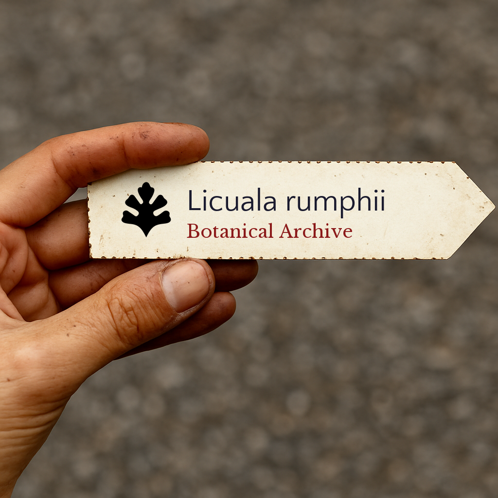 Etichetta dell'archivio botanico stampata per Licuala rumphii tenuta a mano con sfondo sfocato