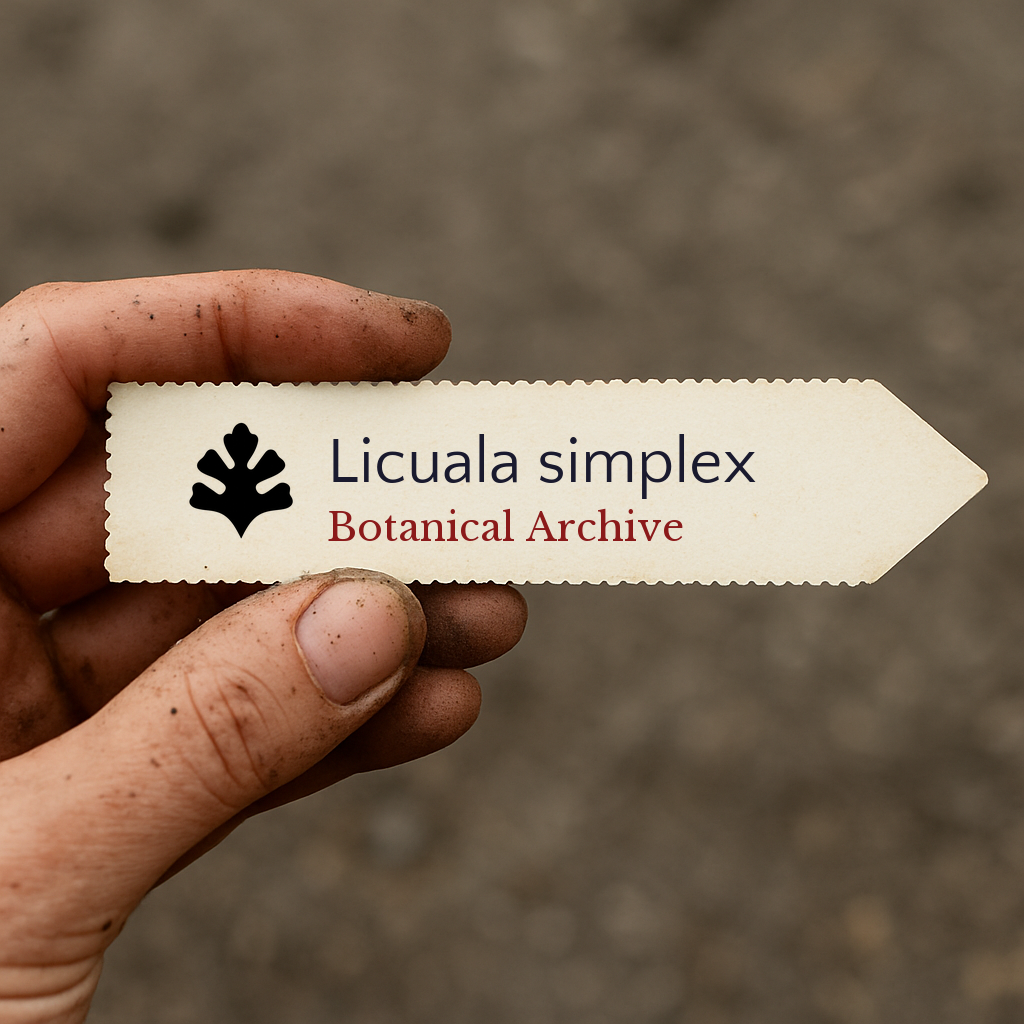 Etichetta stampata per pianta di Licuala simplex con logo Botanical Archive tenuta a mano