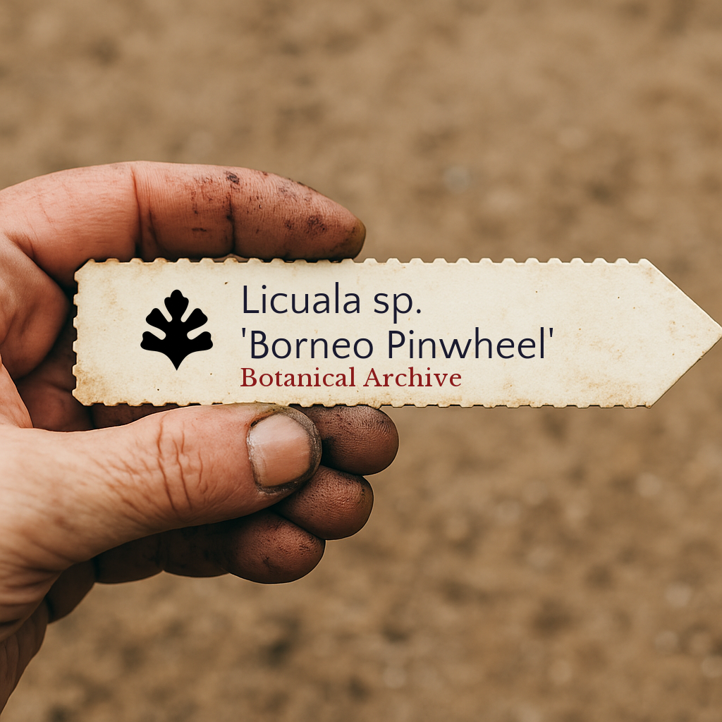 Printed plant label for Licuala sp. 'Borneo Pinwheel' held by dirty hand outdoors