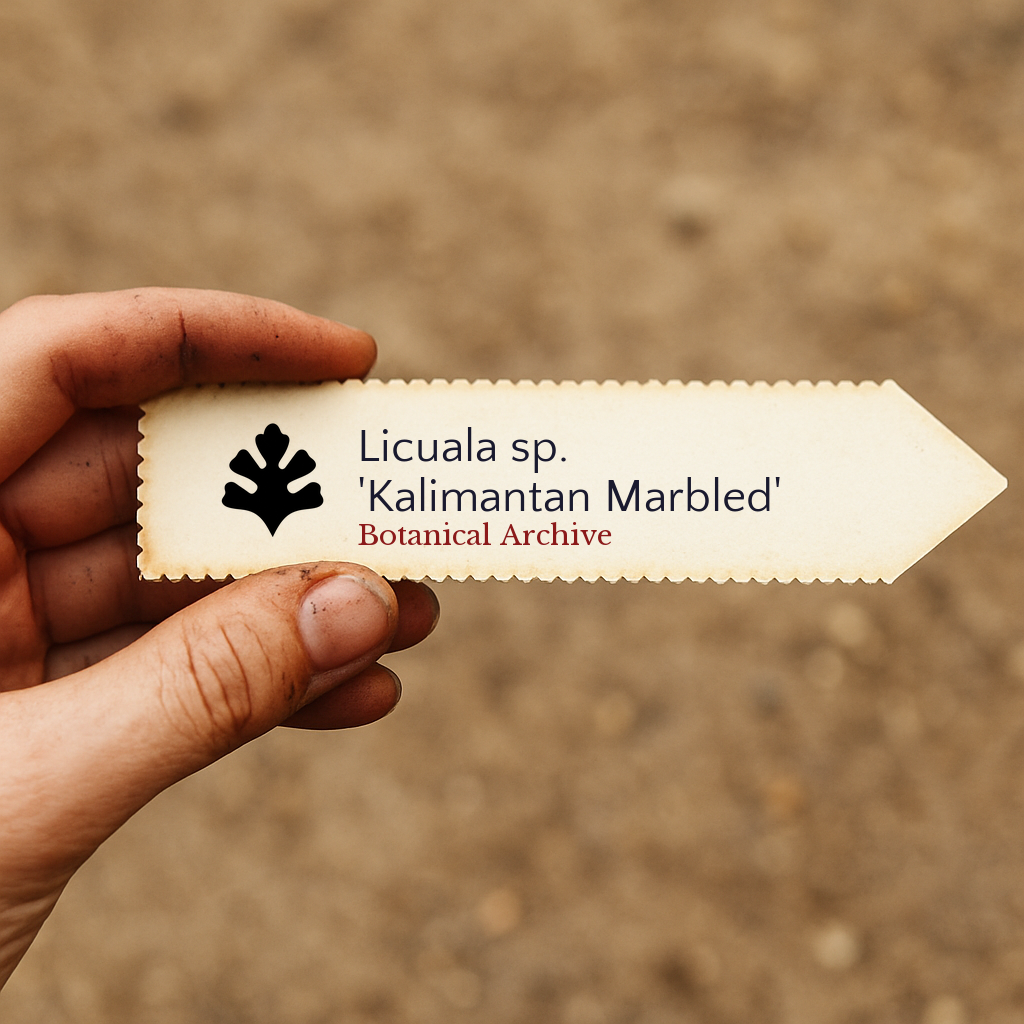 Printed plant label for Licuala sp. 'Kalimantan Marbled' held by hand with dirt background