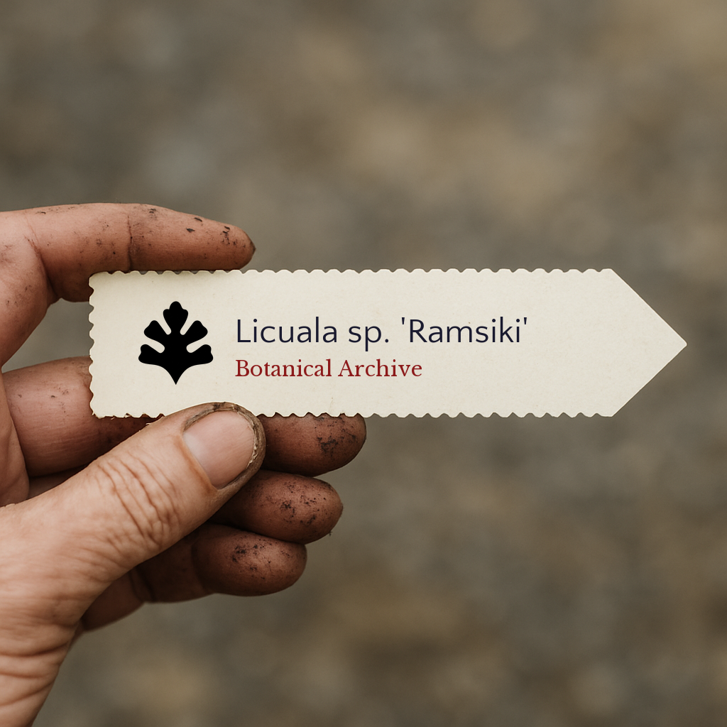 Printed plant label for Licuala sp. 'Ramsiki' held by hand with soil-stained fingers