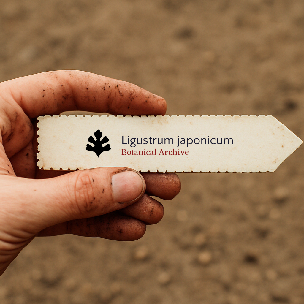Printed plant label for Ligustrum japonicum held by dirty hand over soil background
