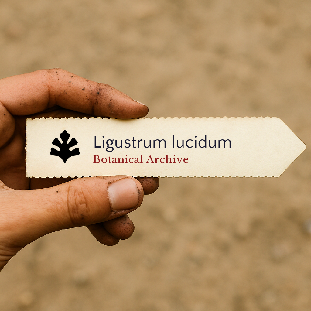 Printed plant label for Ligustrum lucidum held by dirty hand on blurred background