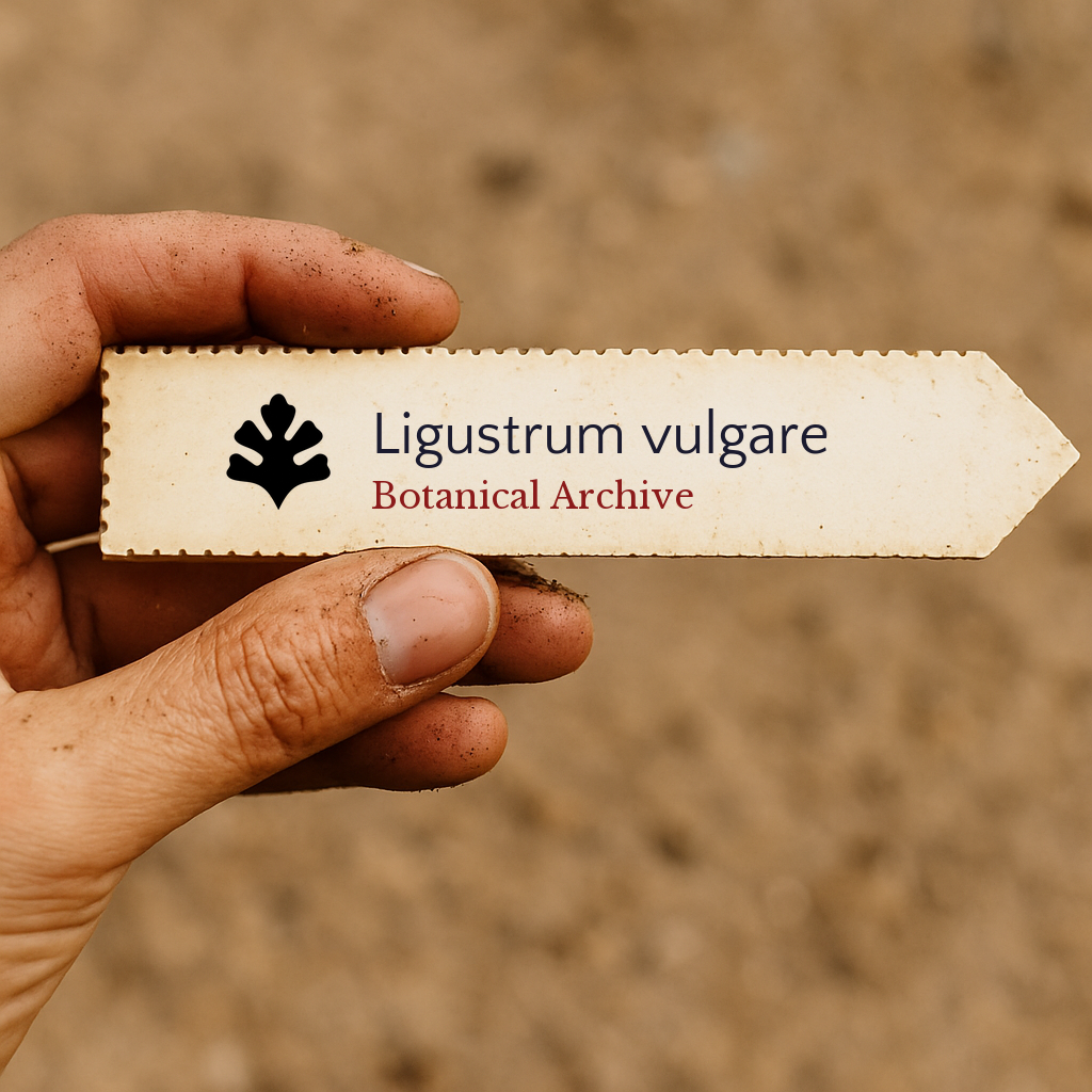 Printed plant label for Ligustrum vulgare held by hand over soil background