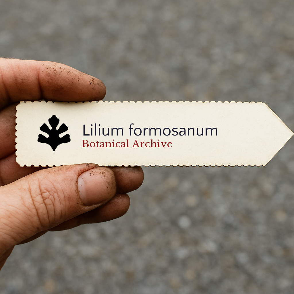 Printed plant label for Lilium formosanum held by hand with soil on fingers