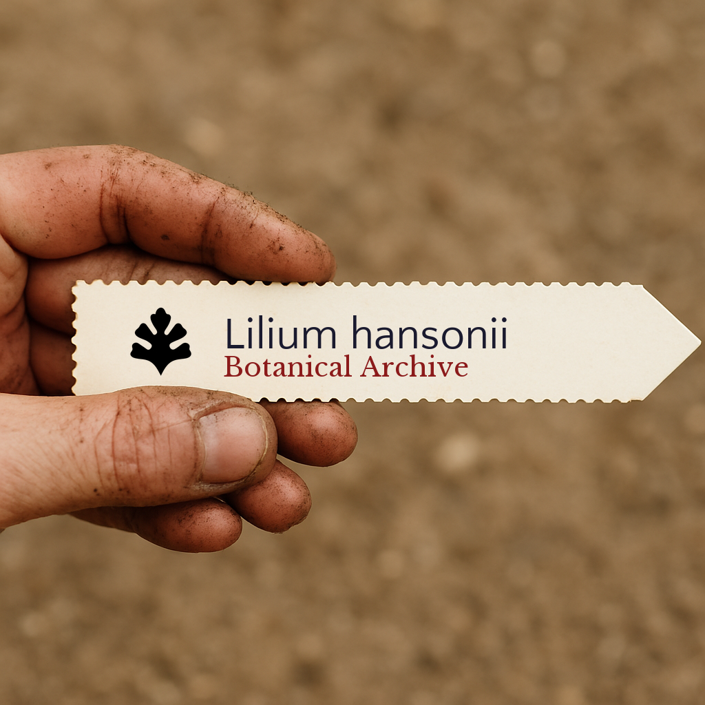 Etichetta per pianta stampata per Lilium hansonii tenuta da una mano sporca su sfondo di terreno