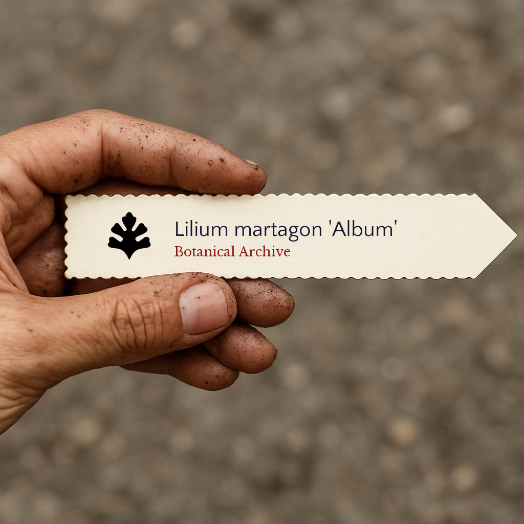 Printed plant label for Lilium martagon 'Album' held by dirty hand outdoors