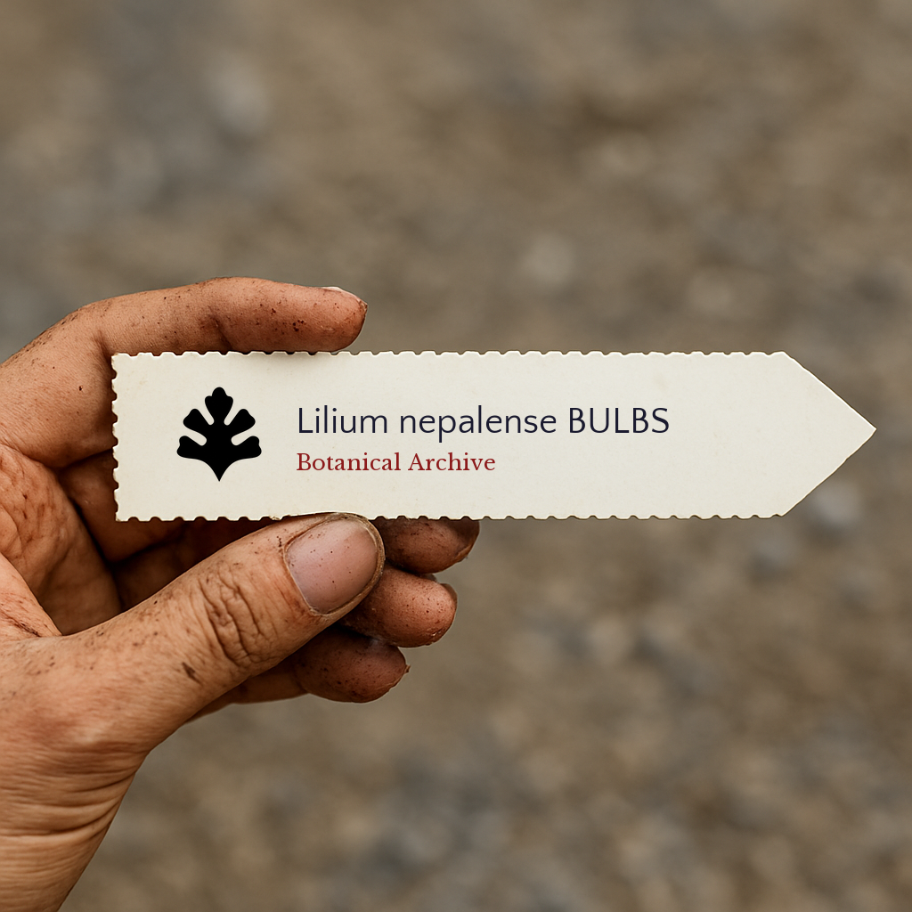Printed plant label for Lilium nepalense held by dirty hand against blurred background