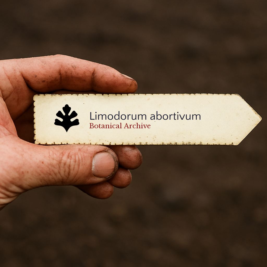 Printed plant label for Limodorum abortivum held in dirty hand against soil background