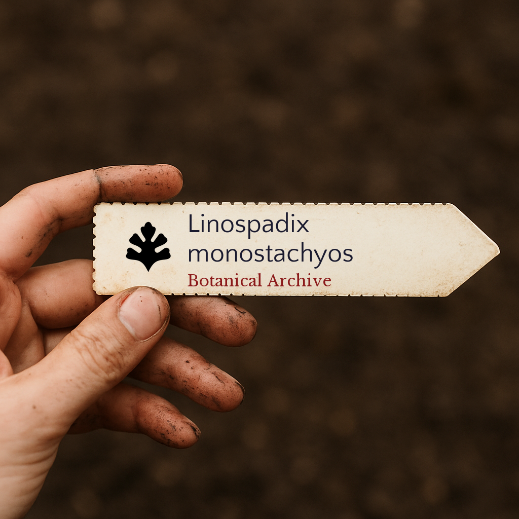 Printed plant label for Linospadix monostachyos held by dirty hand over soil background