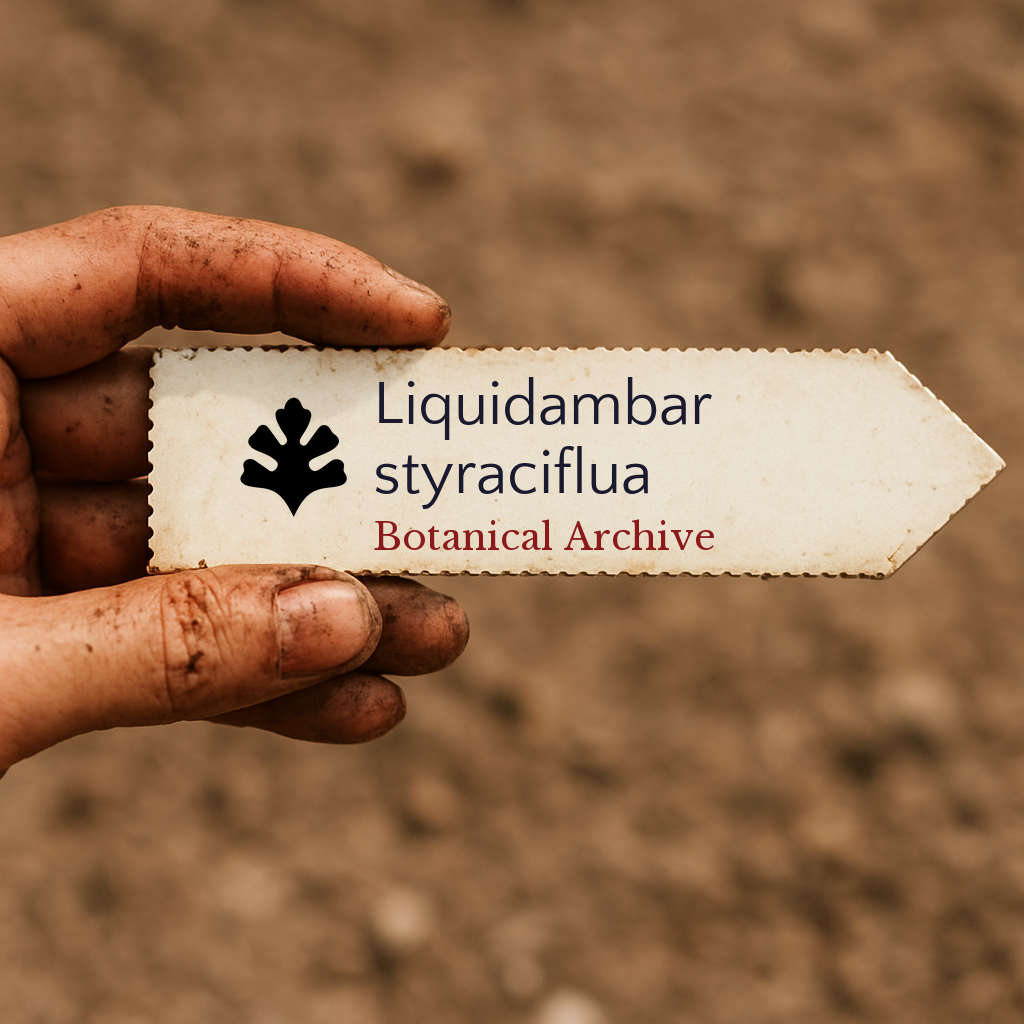 Etichetta stampata per pianta di Liquidambar styraciflua tenuta da mano sporca su sfondo di terra