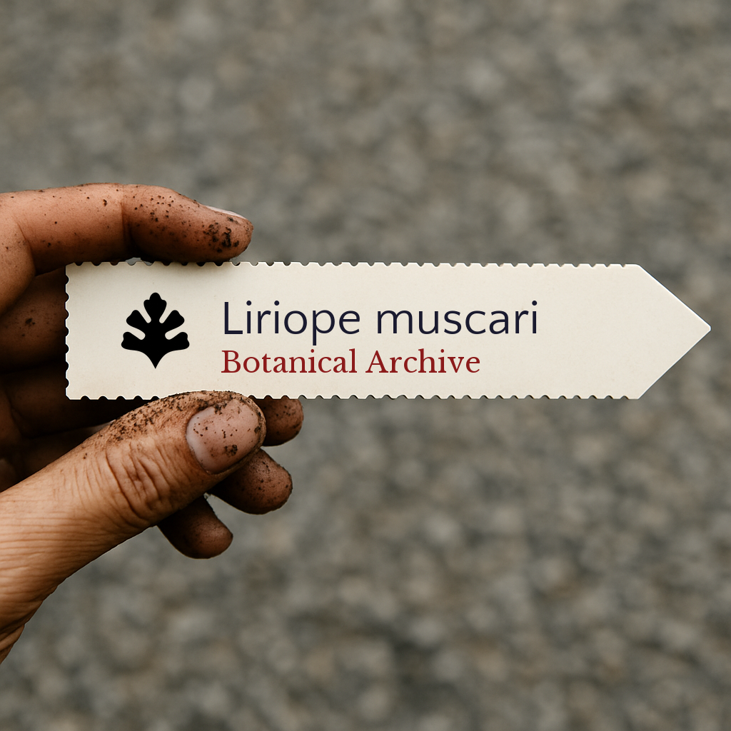 Printed plant label for Liriope muscari held by dirty hand with blurred background