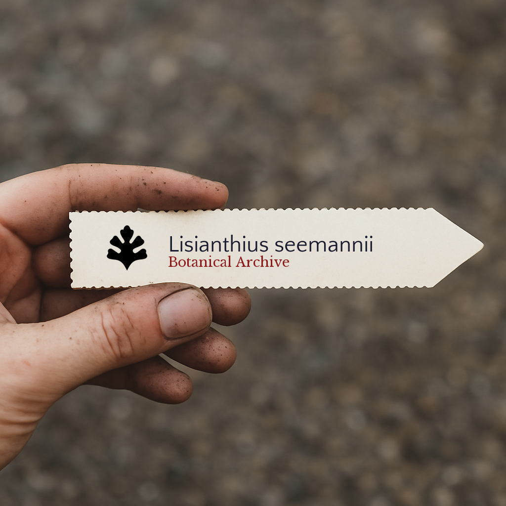 Etichetta stampata per pianta di Lisianthius seemannii tenuta a mano con sfondo di terra