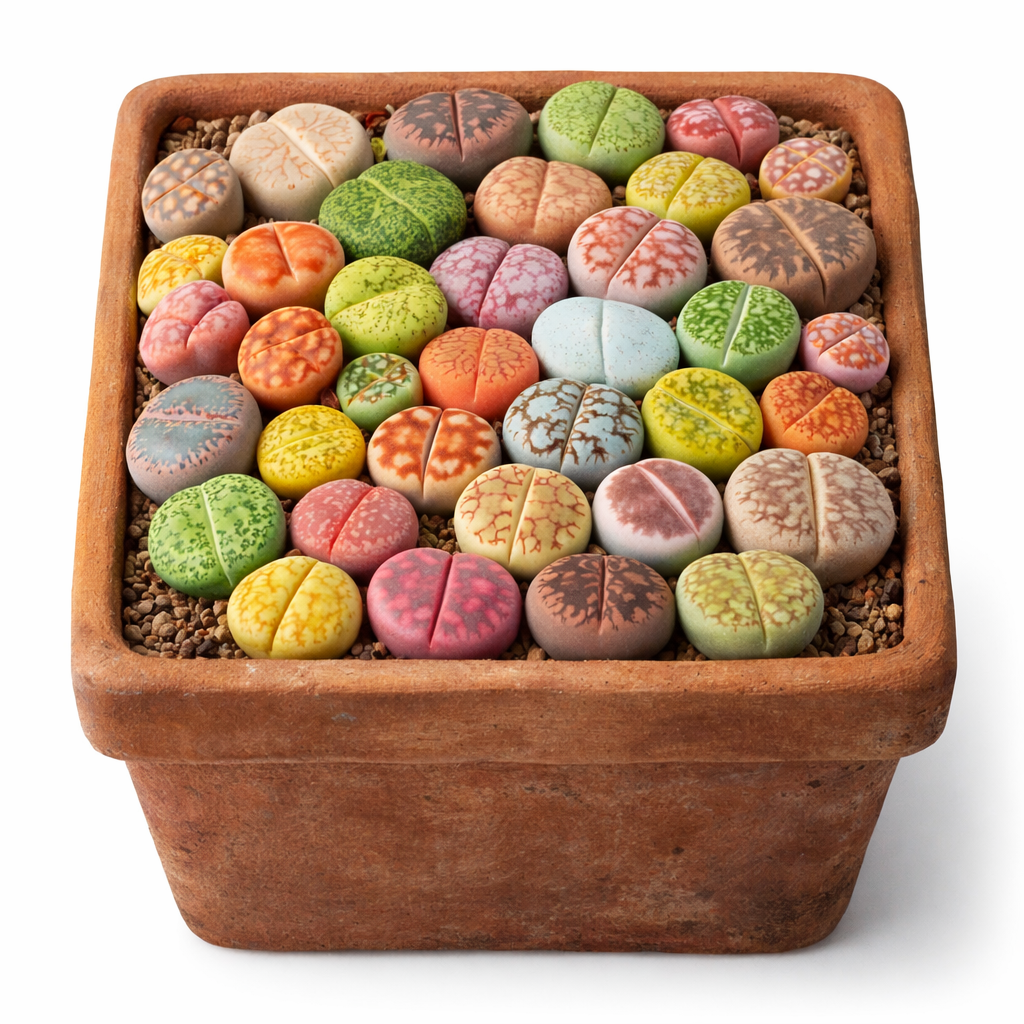 Lithops succulent mix showing diverse colorful split-leaf patterns in terracotta pot