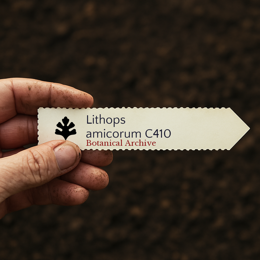 Printed plant label for Lithops amicorum C410 held by hand with soil background
