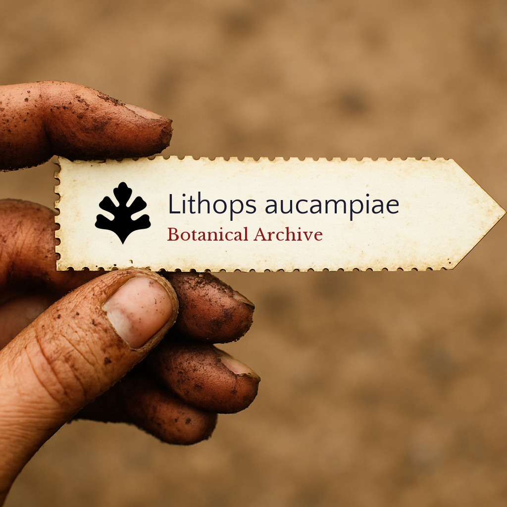 Printed plant label for Lithops aucampiae held by dirty hand against soil background