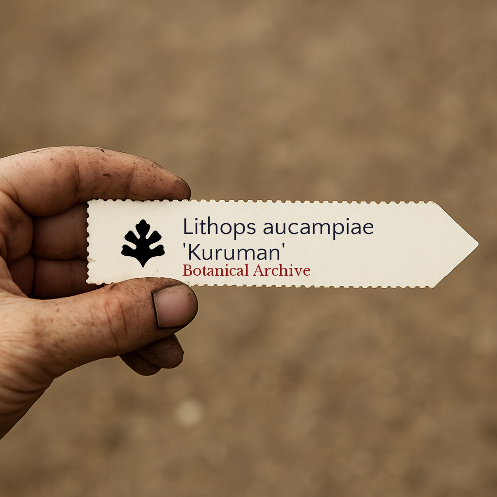Printed plant label for Lithops aucampiae 'Kuruman' held by hand with dirt background