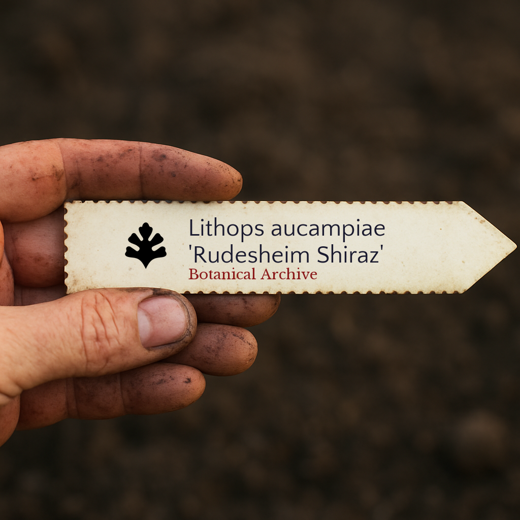 Etichetta per pianta stampata per Lithops aucampiae 'Rudesheim Shiraz' tenuta a mano con sfondo di terra