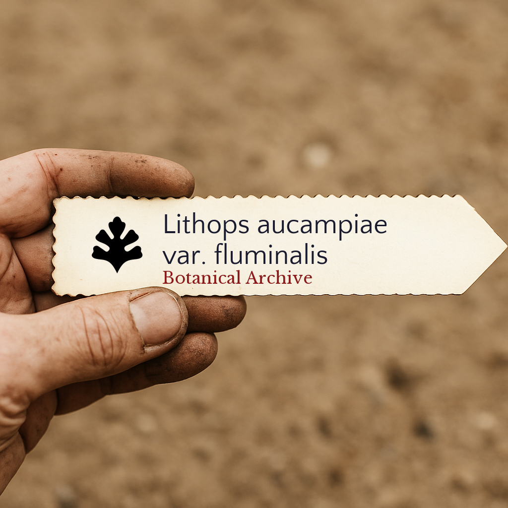 Etichetta della pianta stampata per Lithops aucampiae var. fluminalis tenuta da mano sporca all'aperto
