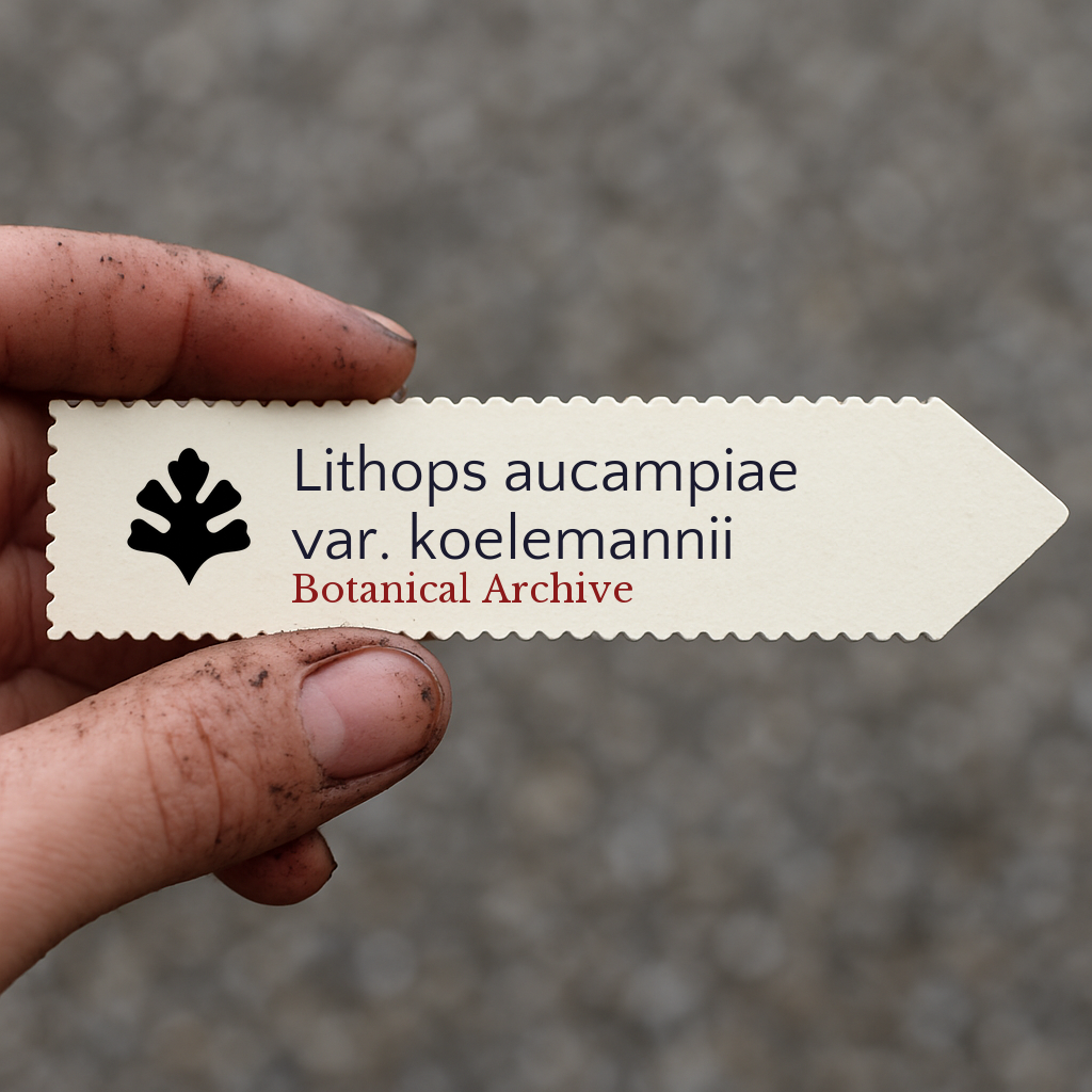 Printed plant label for Lithops aucampiae var. koelemannii held by dirty hand