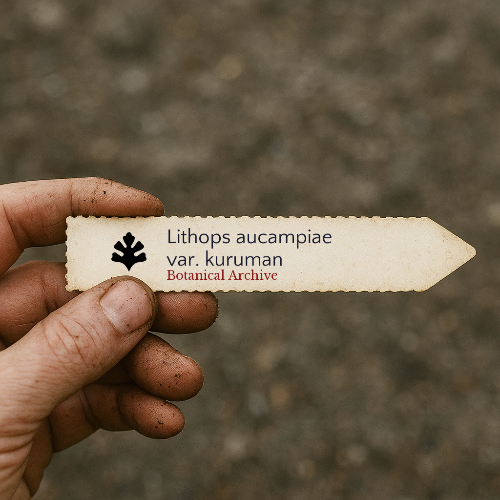 Printed plant label for Lithops aucampiae var. kuruman held by dirty hand outdoors