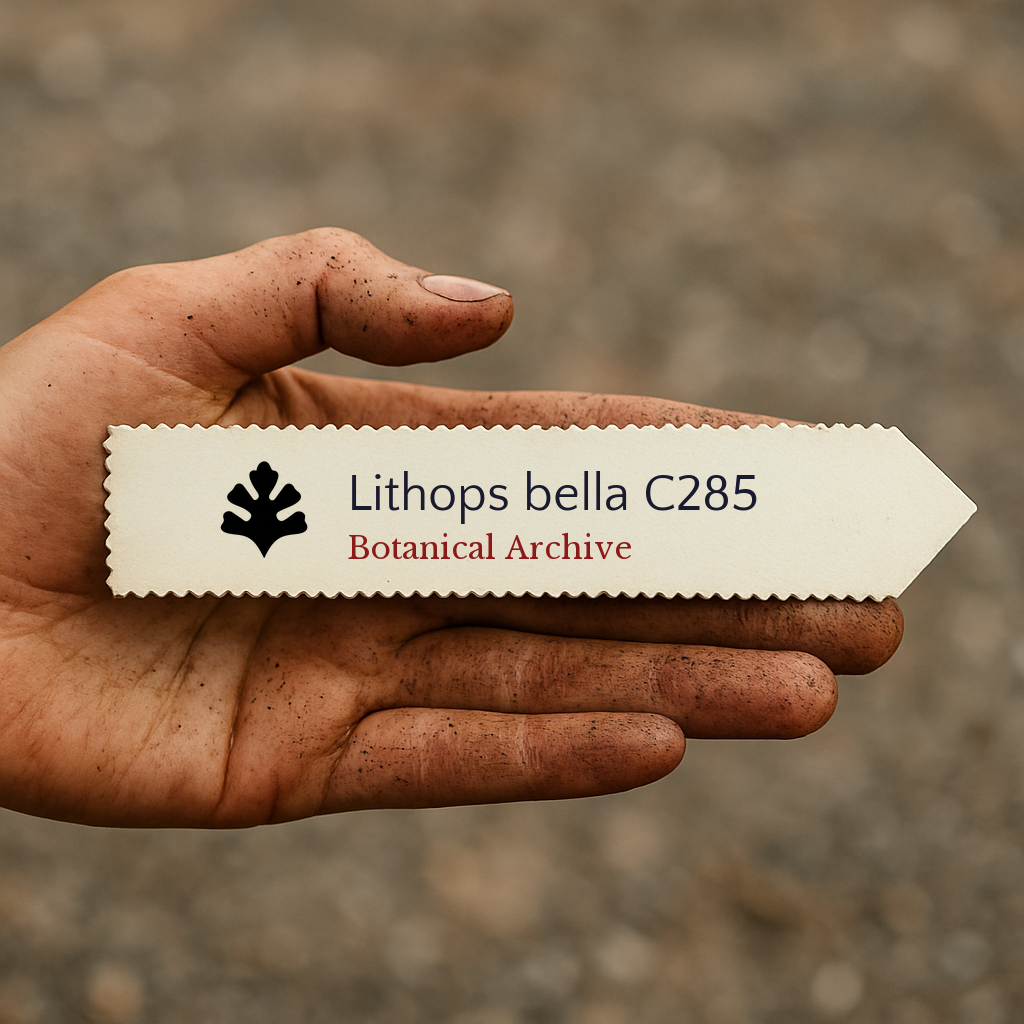 Etichetta per pianta stampata per Lithops bella C285 tenuta in mano sporca all'aperto