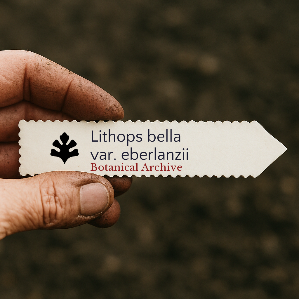 Printed plant label for Lithops bella var. eberlanzii held by dirty hand outdoors