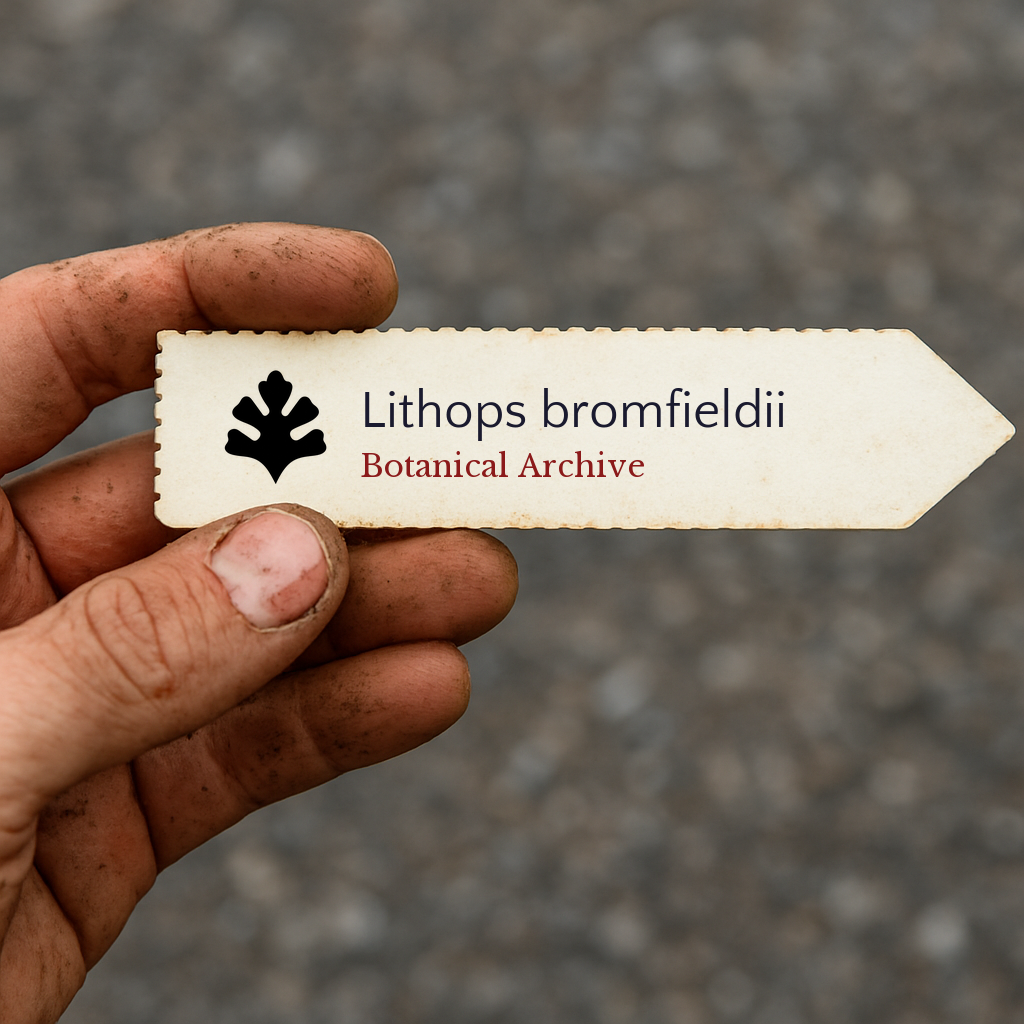 Etichetta per pianta stampata per Lithops bromfieldii tenuta da mano sporca all’aperto