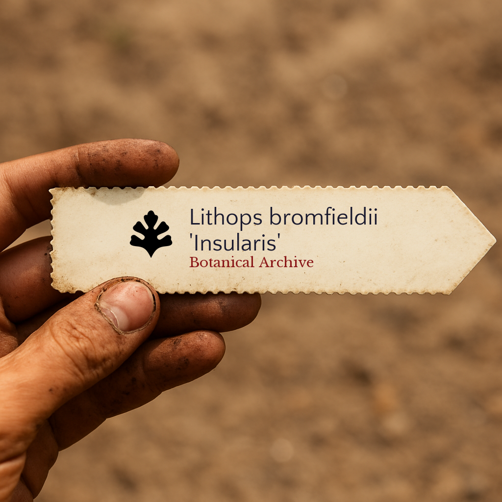 Printed plant label for Lithops bromfieldii 'Insularis' held by hand with dirt background