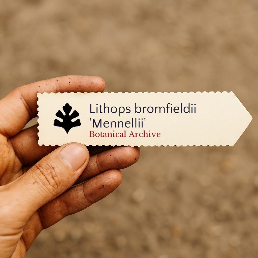 Printed plant label for Lithops bromfieldii 'Mennellii' held by hand with soil background