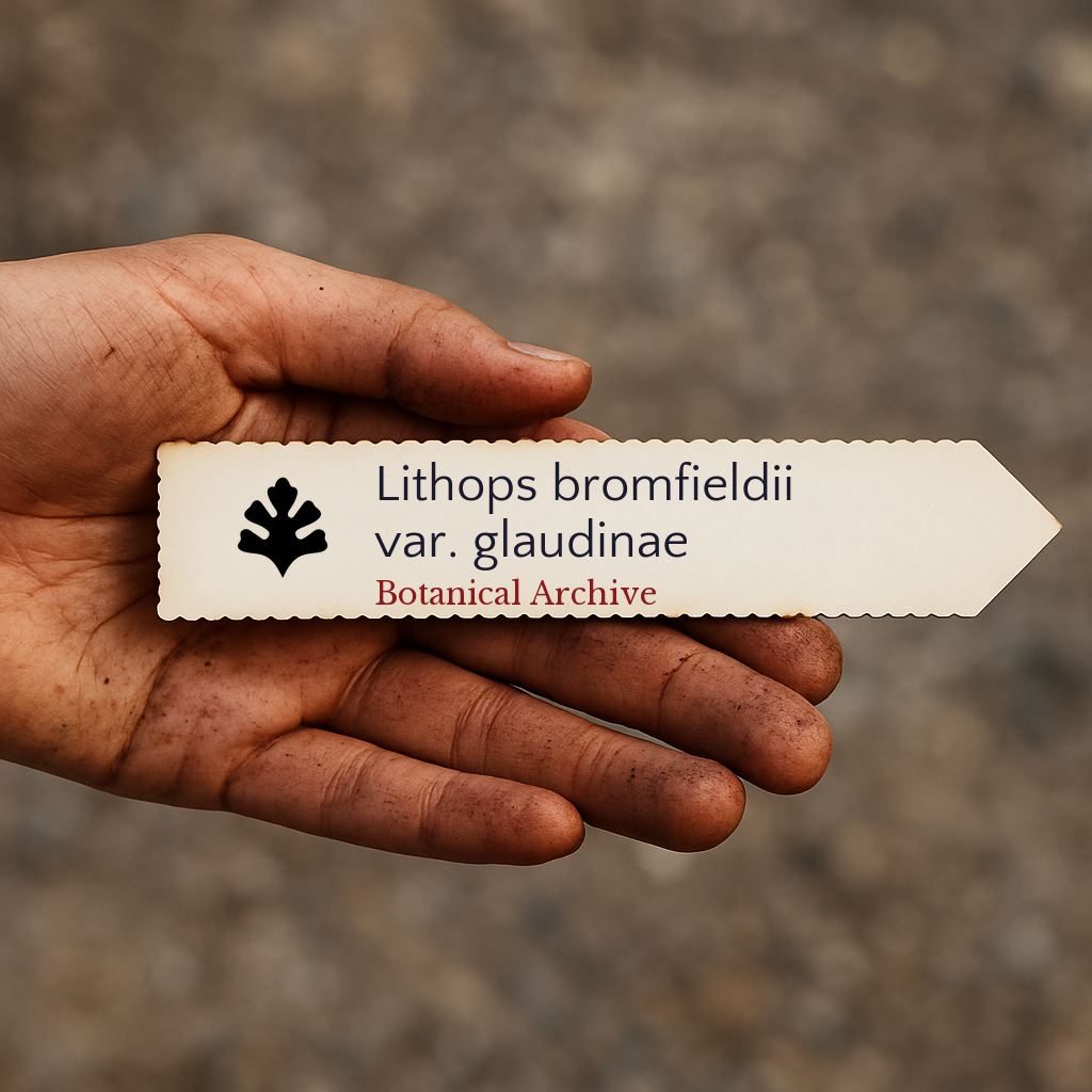 Printed plant label for Lithops bromfieldii var. glaudinae held in hand with dirt