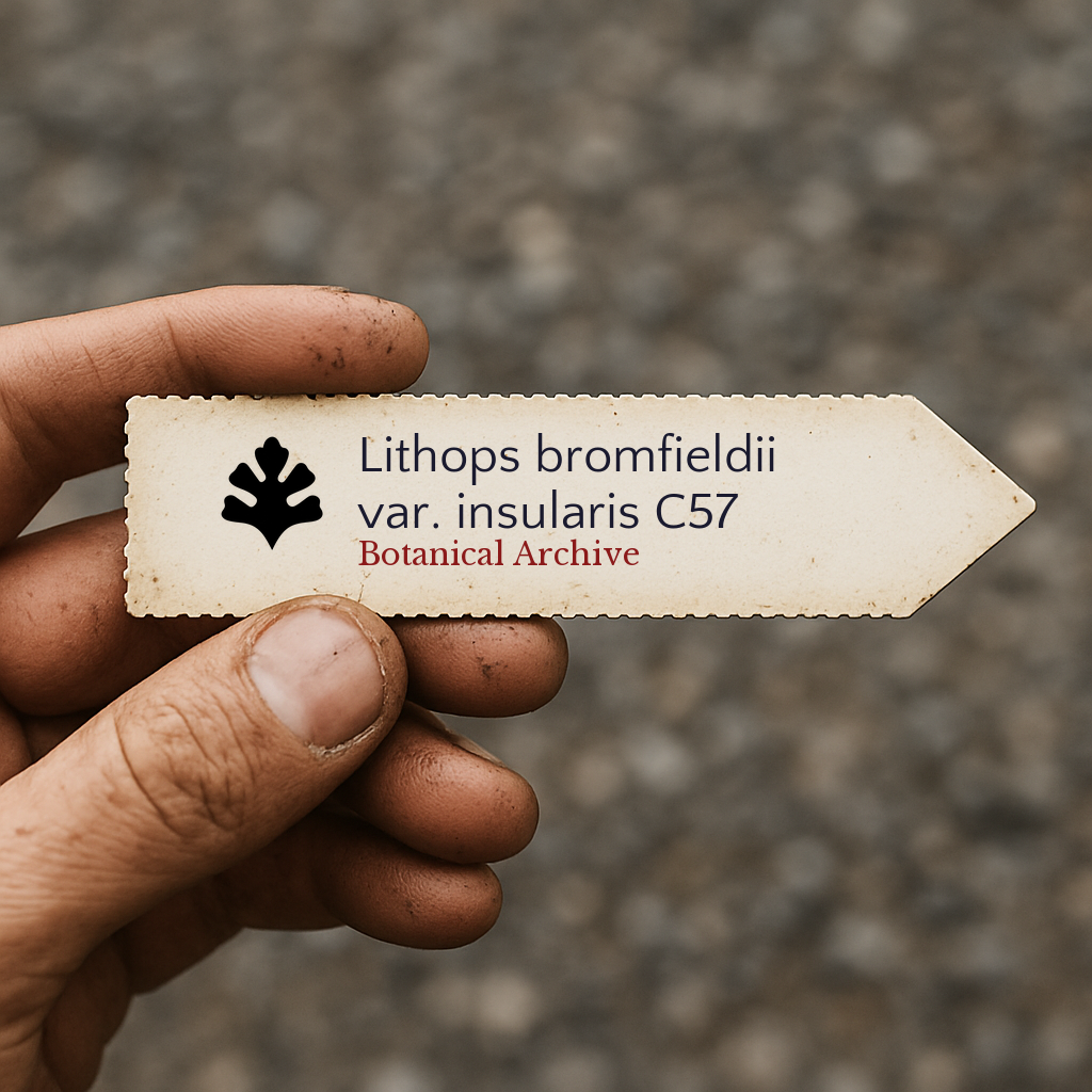Printed plant label for Lithops bromfieldii var. insularis C57 held by hand with dirt background