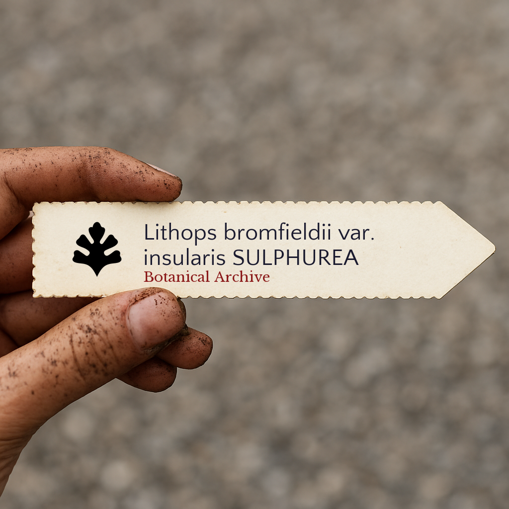 Printed plant label for Lithops bromfieldii var. insularis in hand with dirt background