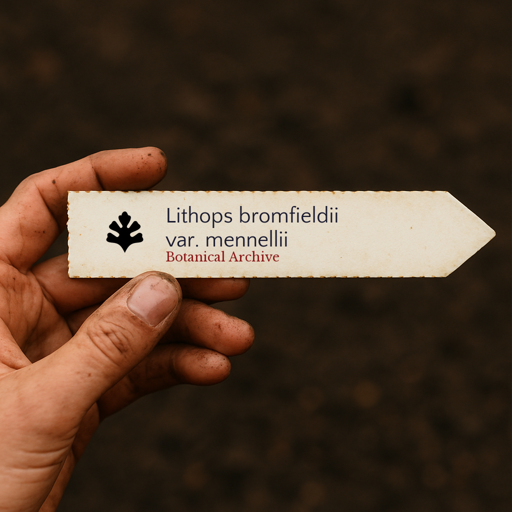 Printed plant label for Lithops bromfieldii var. mennellii held in hand over soil background