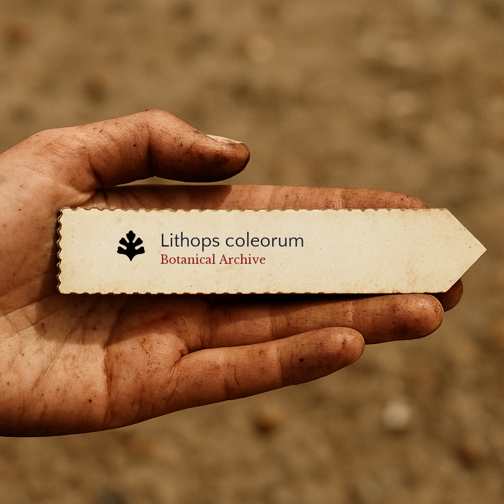 Printed plant label for Lithops coleorum held in a dirty hand against soil background