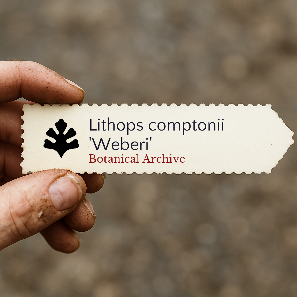 Etichetta per pianta stampata per Lithops comptonii 'Weberi' tenuta a mano con sfondo di terra