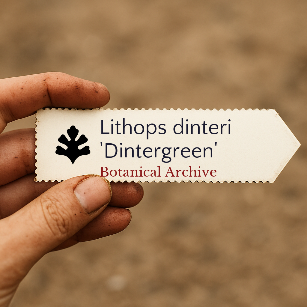 Etichetta per pianta stampata per Lithops dinteri 'Dintergreen' tenuta a mano con sfondo di terreno