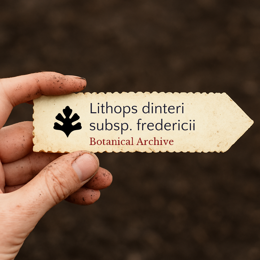 Printed plant label for Lithops dinteri subsp. fredericii held in dirty hand outdoors