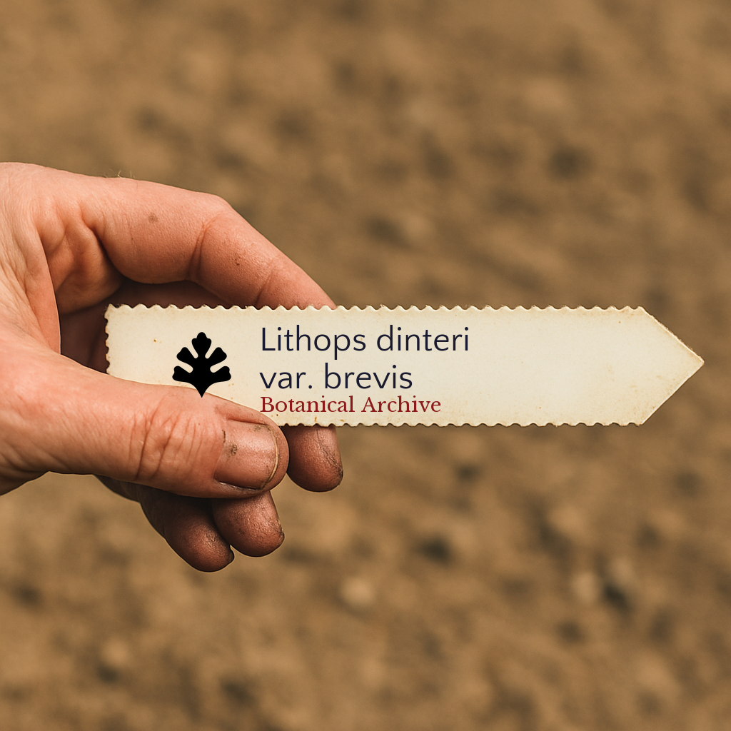 Handheld printed plant label for Lithops dinteri var. brevis with botanical archive logo