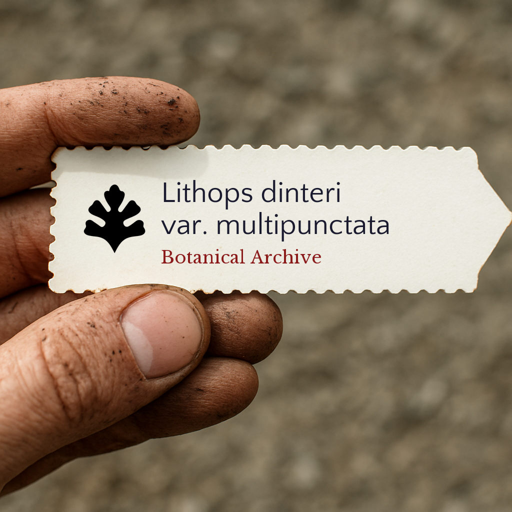 Etichetta per pianta stampata per Lithops dinteri var. multipunctata tenuta da mano sporca all'aperto