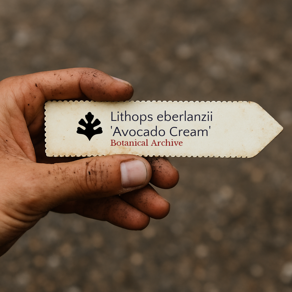 Printed plant label for Lithops eberlanzii 'Avocado Cream' held in hand with dirt background