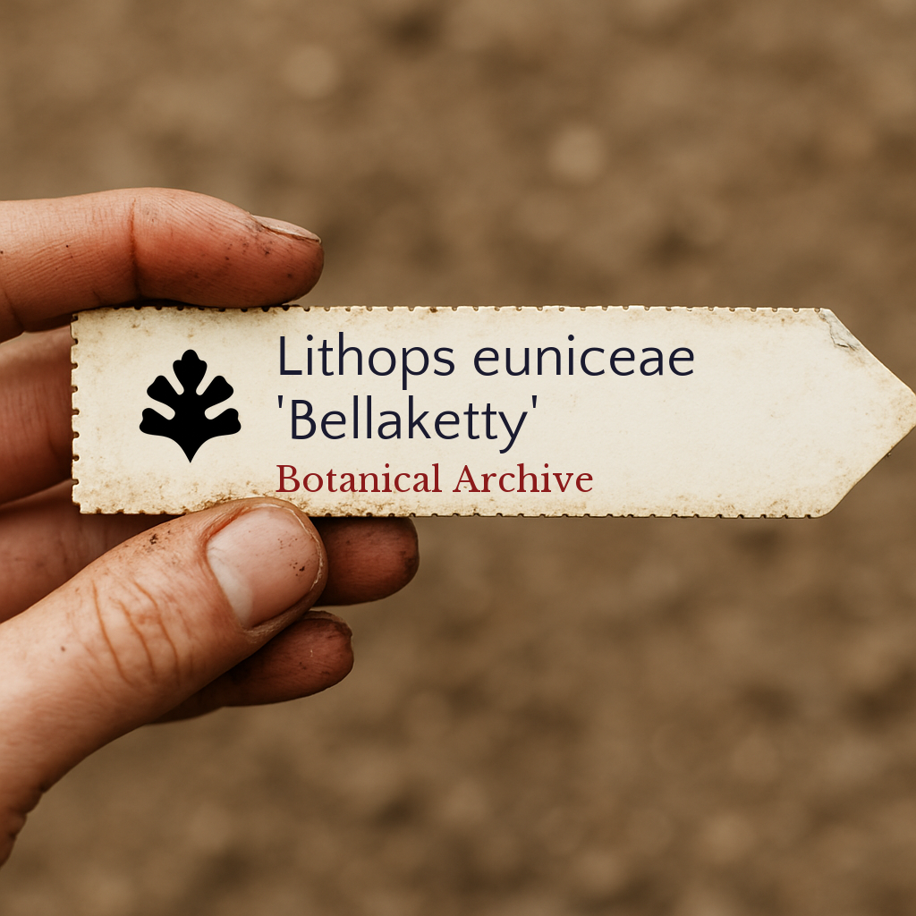 Printed plant label for Lithops euniceae 'Bellaketty' held by hand with soil background