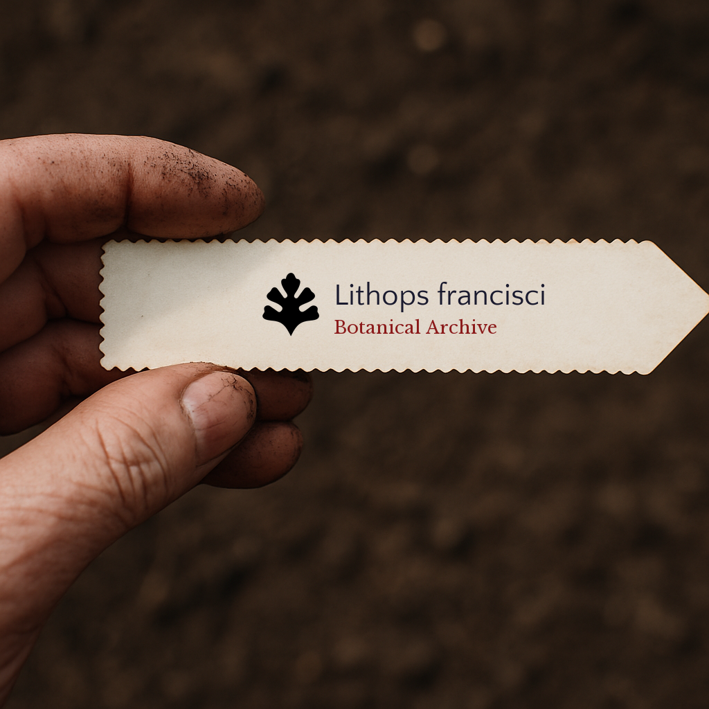 Printed plant label for Lithops francisci held by hand over soil background