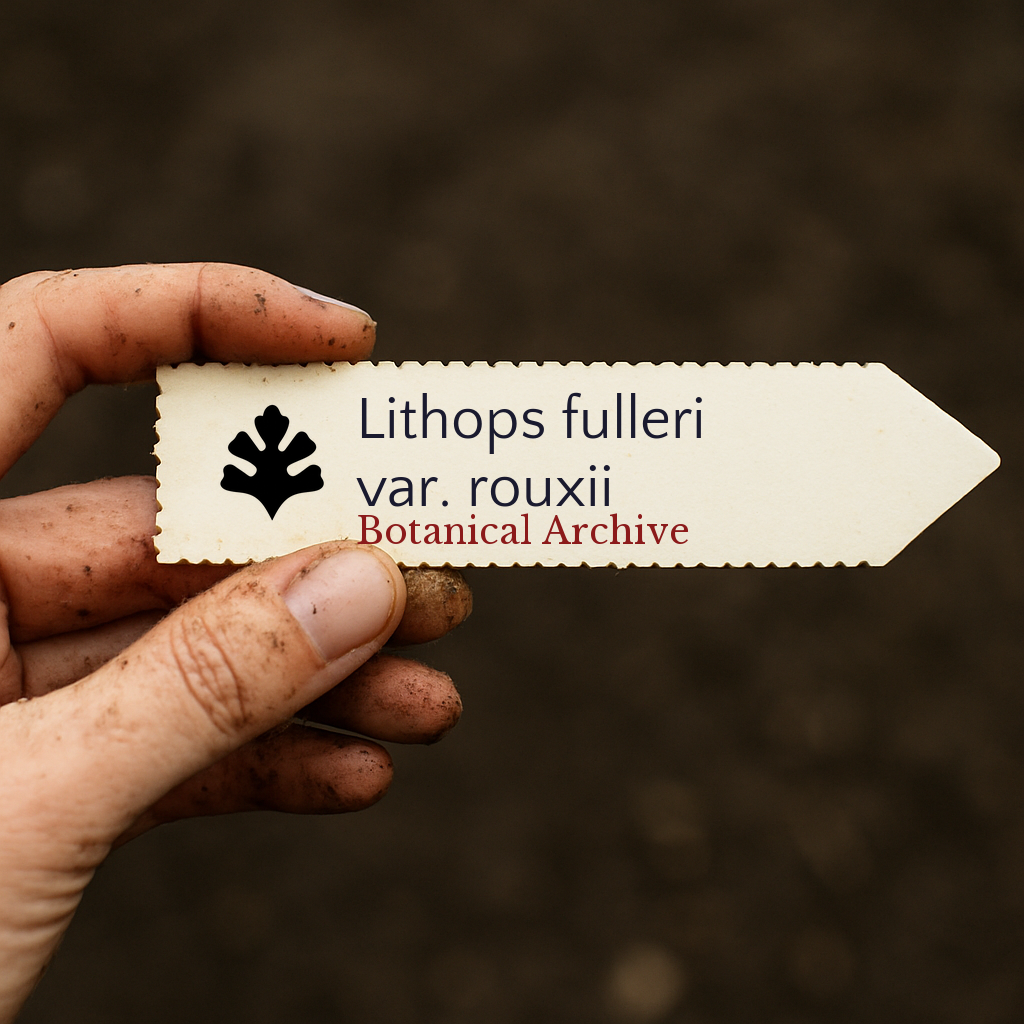 Printed plant label for Lithops fulleri var. rouxii held by hand with soil background