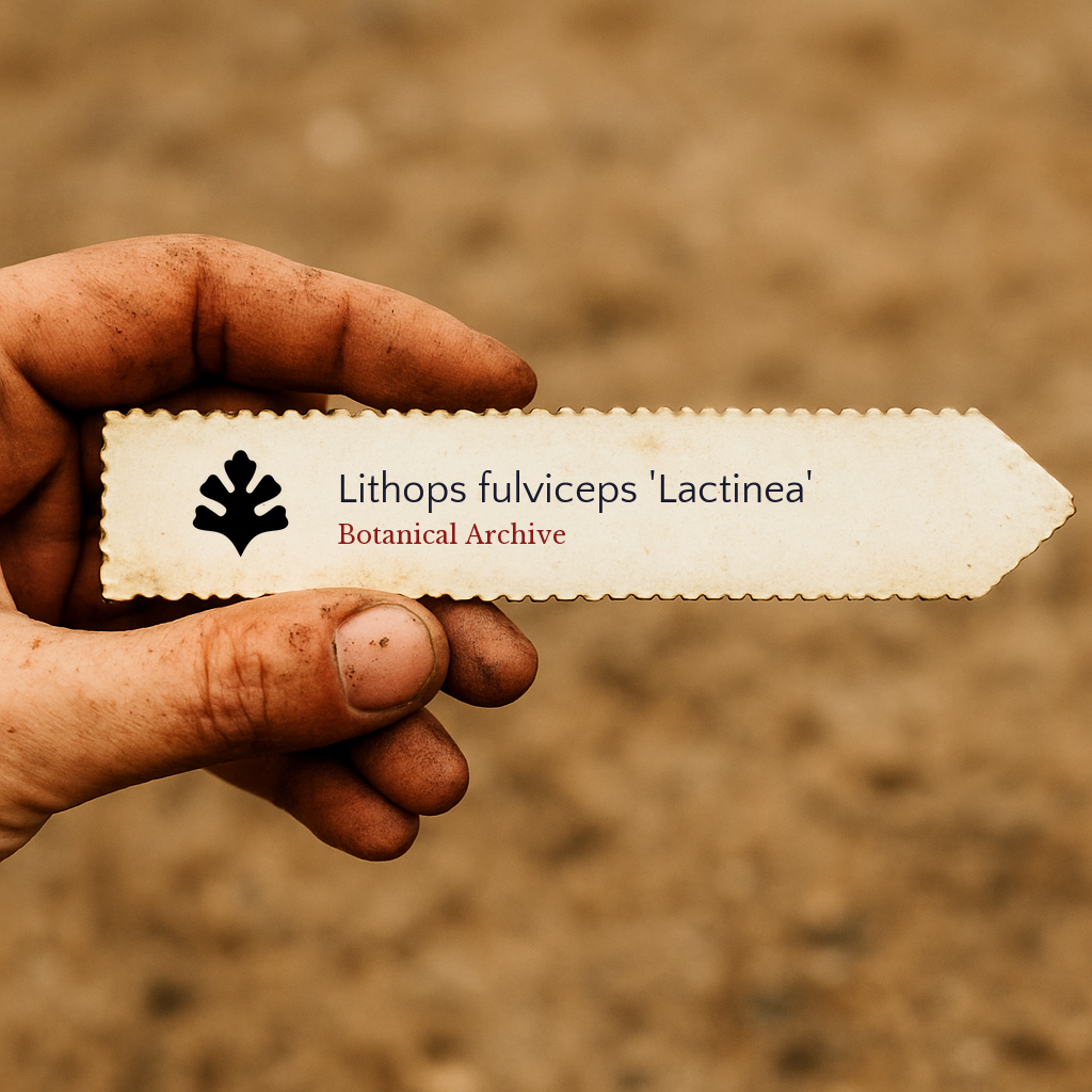 Etichetta stampata per pianta Lithops fulviceps 'Lactinea' tenuta da mano sporca su sfondo di terreno