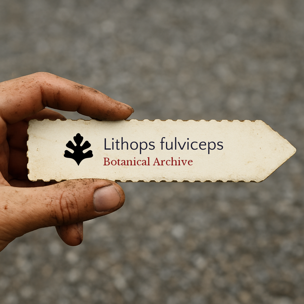 Printed plant label for Lithops fulviceps held by dirty hand outdoors