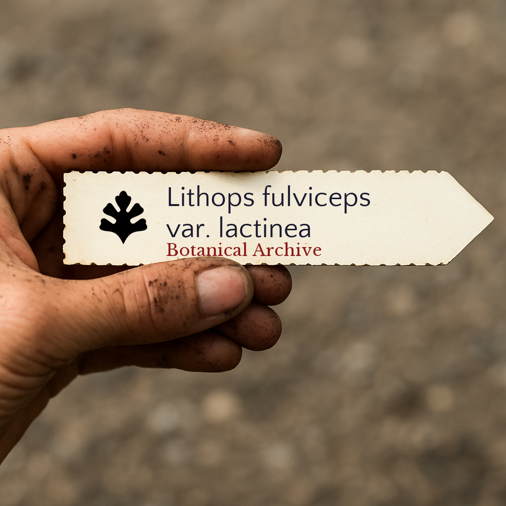 Printed plant label for Lithops fulviceps var. lactinea held by dirty hand outdoors