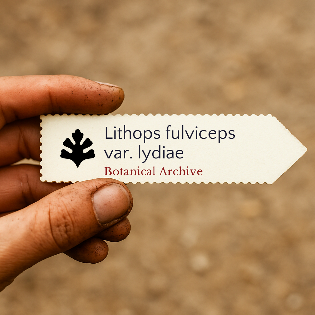 Printed plant label for Lithops fulviceps var. lydiae held by hand with dirt background