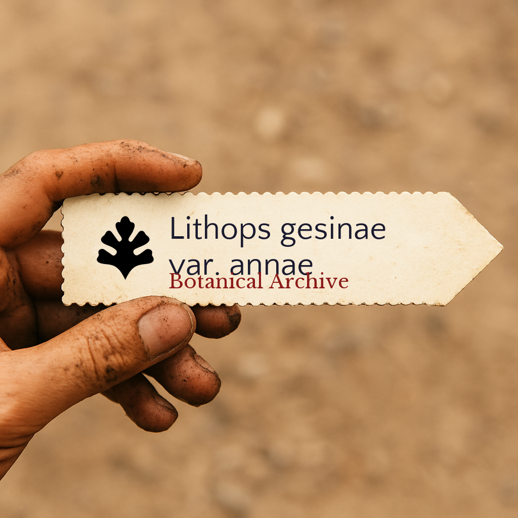 Etichetta stampata per pianta Lithops gesinae var. annae tenuta da mano sporca all'aperto
