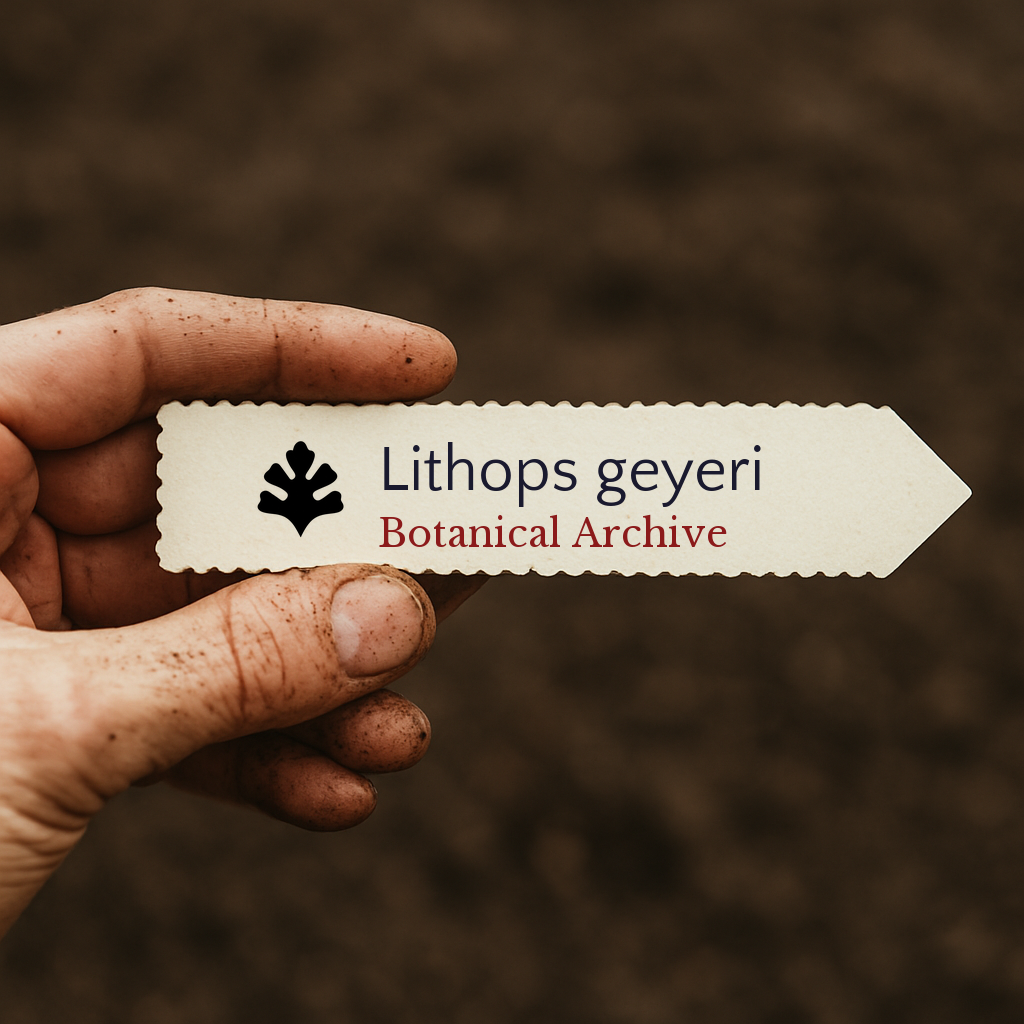 Printed plant label for Lithops geyeri held by dirty hand over soil background